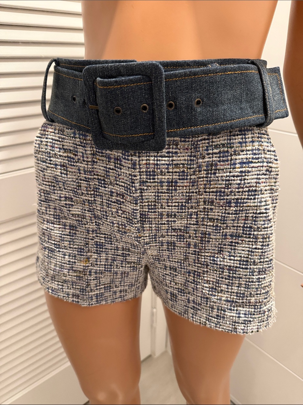 Ramy Brook Blue and White Tweed Shorts with Denim Belt